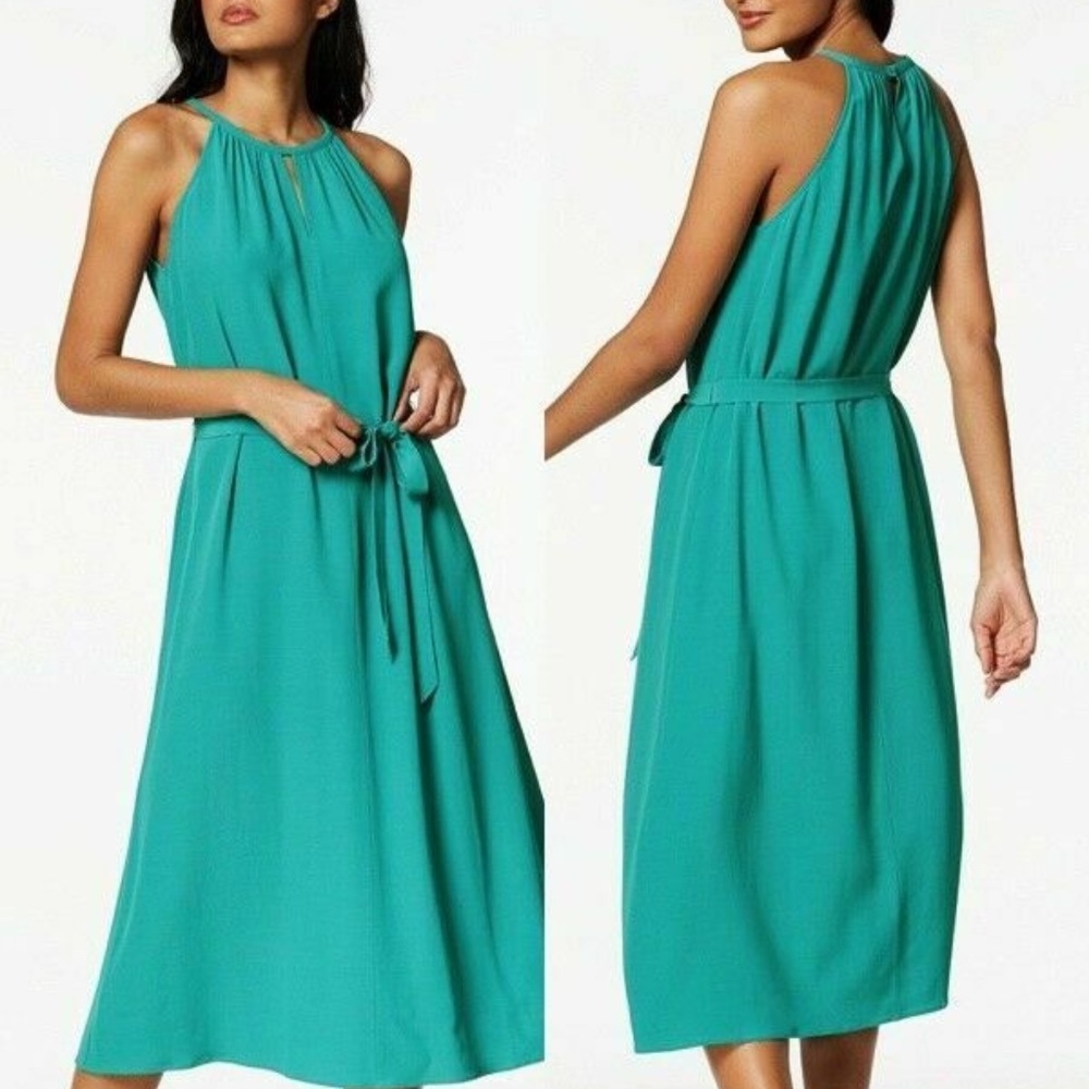 NWT 288.00 Eileen Fisher Beautiful Belted Tencel Crepe Halter Dress Turquoise
